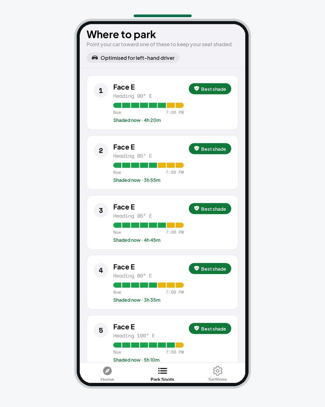 ShadyParking recommendations list ranking parking headings by shade duration