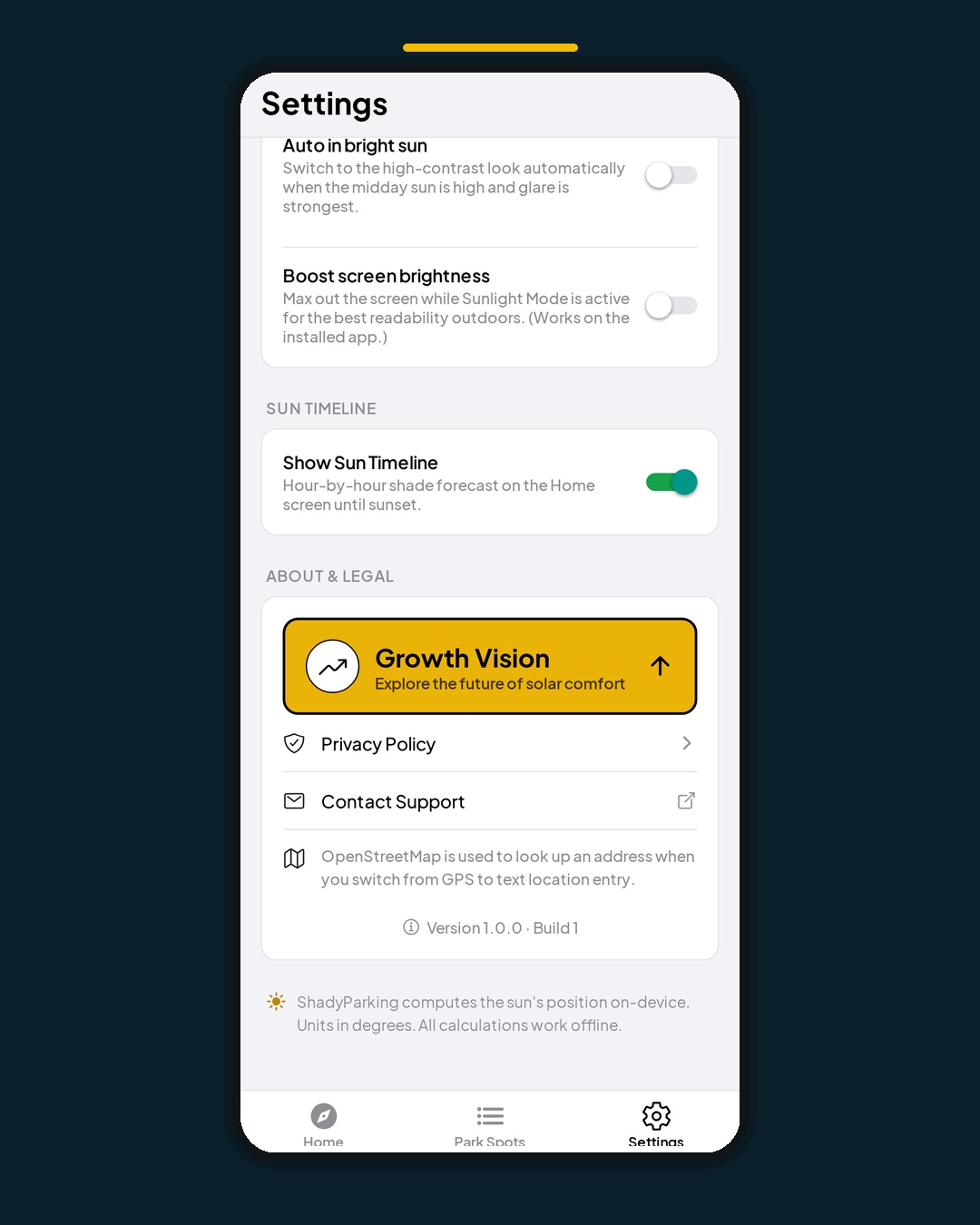 ShadyParking app screen: Settings & Growth — Tune the app, glimpse what's next